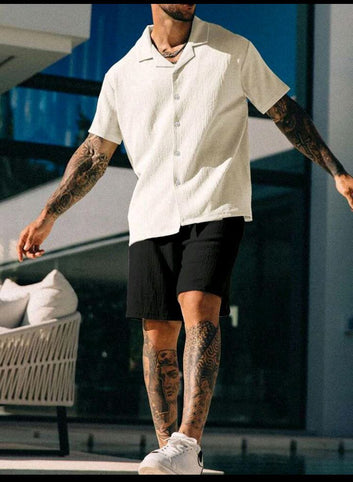 Men's Casual Textured Solid Color Short Sleeve Shirt & Shorts Set