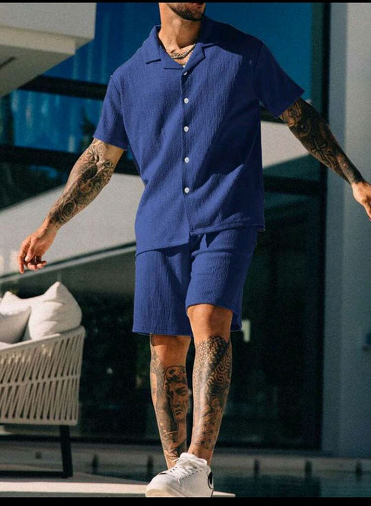 Men's Casual Textured Solid Color Short Sleeve Shirt & Shorts Set