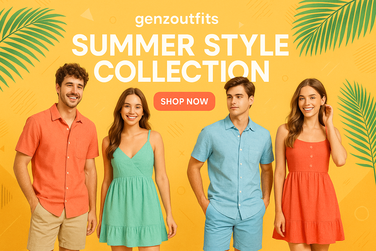 Men's and women's are cloth for summer. Please generate a nice banner for me. It should have a nice title and use the shop button.use men and women image 